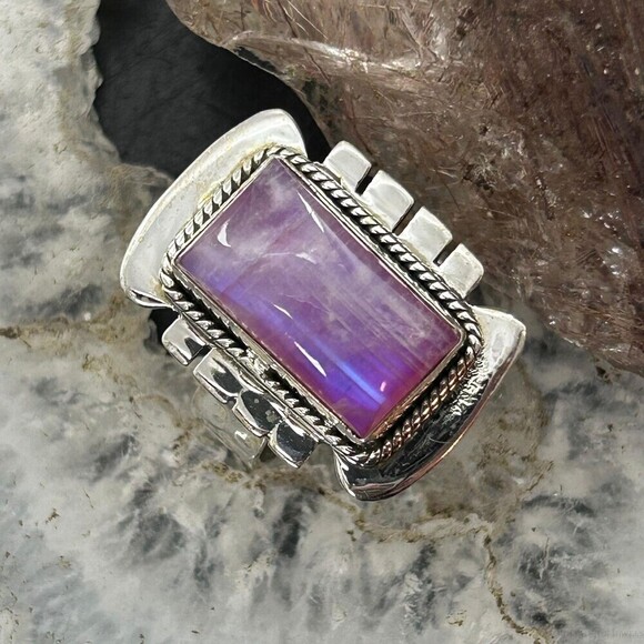 Sterling Southwestern Style Pink Rainbow Decorated Bar Ring Size 7.75 For Women